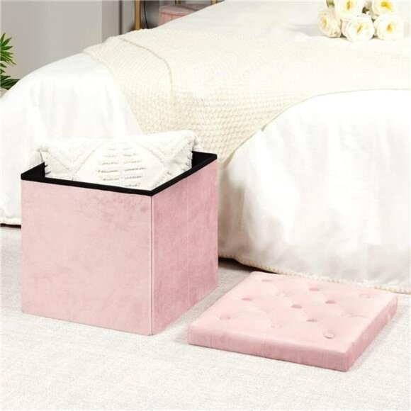 Pink Velvet Storage Ottoman Cube Folding Footstool Seat Box Bench Organizer - Picture 2 of 5